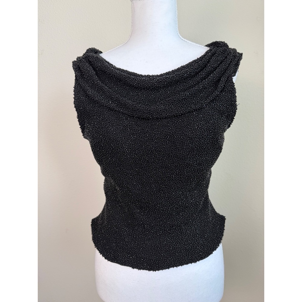 Cecily Brown Women Silk Beaded Top Formal Cowl Neck L Black Sleeveless Evening
